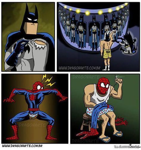 #DragonArte #Batman #BruceWayne #Batcave #SpiderMan #PeterParker Superhero Humor, Image Spiderman, Superhero Memes, Funny Comic Strips, Batman Funny, Bd Comics, Dc Memes, Marvel Vs Dc, Batman Vs Superman