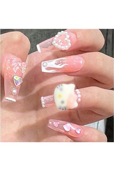 Hello Kitty Nail Art, Kitty Nail Art, Cartoon Y2k, Nails Cartoon, Hello Kitty Nail, Hello Kitty Nails Art, Pink White Nails, Kitty Nail, Fake Nails Long