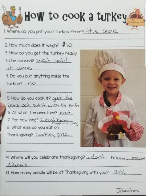 Kids sure do say the darndest things. I love doing this activity with students for thanks giving! Thanksgiving Social Studies Activities Preschool, Thanks Giving Preschool Ideas, Thanksgiving Craft Keepsakes, Thankful Prek Activities, Explaining Thanksgiving To Preschoolers, Thankful School Activities, Coffee Filter Turkey Preschool, Preschool How To Cook A Turkey, Thanksgiving Feast For Kindergarten