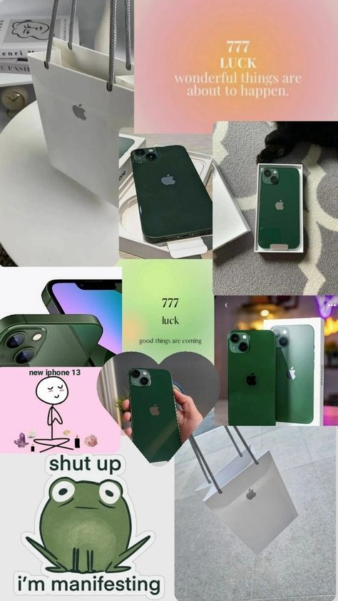 Iphone 13 Green Aesthetic, Manifesting Iphone, Iphone Manifestation, Iphone 13 Green, Iphone Beauty, Kpop Phone Cases, Vision Board Examples, Green Iphone, Iphone Obsession