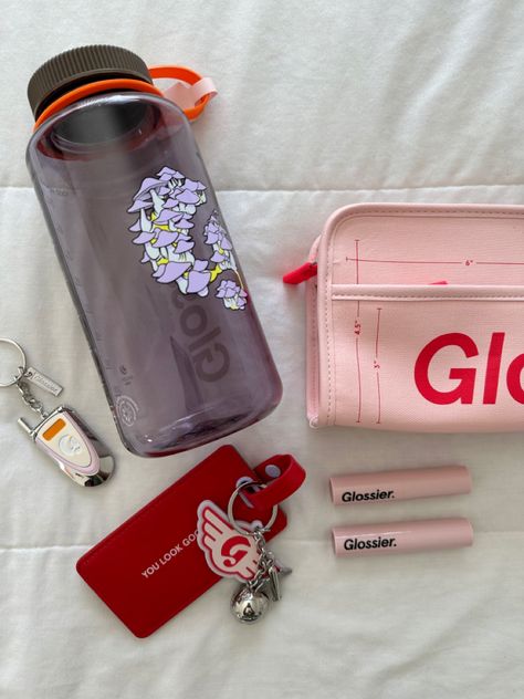 glossier, water bottle, makeup bag, luggage tag, phone keychain Glossier Bottle, Glossier Water Bottle, Glossier Merch, Aesthetic Things, Aesthetic Indie, Stationery Accessories, Beauty Stuff, 2024 Vision, Dream Wardrobe