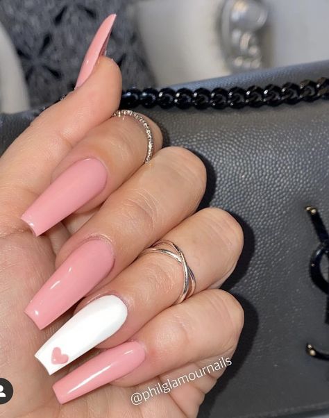 Valentines Nails White And Pink, Chique Nail Designs, Nails Plan Color, Nail Inspo Coffin Valentines, White And Pink Coffin Nails, Nail Ideas For Valentines Day Simple, Pink With Design Nails, Valentine Nail Ideas Acrylic, Summer Nail Inspo Coffin Long