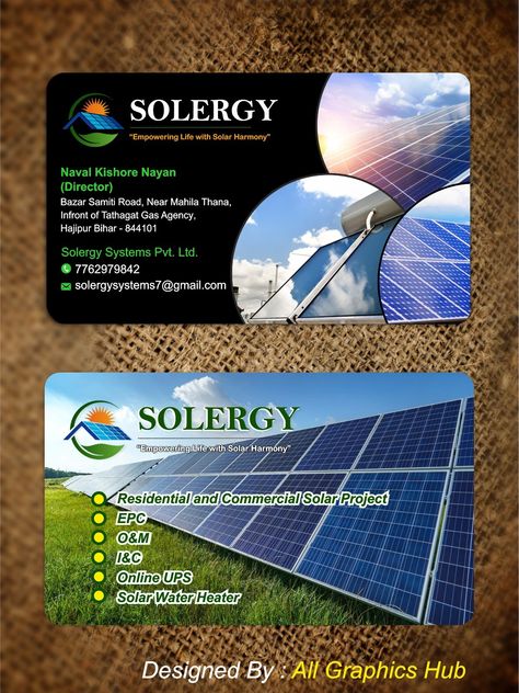 Solar Business Card, Magazine Ideas, Solar Panels Roof, Solar Companies, Visiting Card Design, Solar Water Heater, Solar Projects, Logo Design Branding, Visiting Card