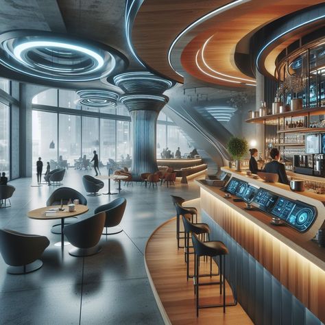 Search Futuristic Cafeteria, Futuristic Cafe, Dream Company, Ville Cyberpunk, Future Technology Concept, Hotel Lobby Design, Lobby Design, Future Tech, Hall Design