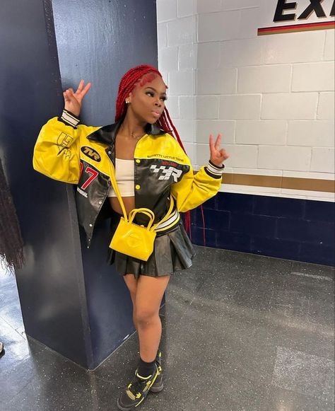 Cute Black Woman Outfits, Red Leather Skirt Outfit Party, Spring Baddie Outfits Birthday, Yellow And Black Outfits For Women, Hard Outfits Black Women, Yellow Outfits Black Women, Trap Concert Outfit Ideas, Outfits With Skirts Black Women, 19th Birthday Outfit Ideas Black Women