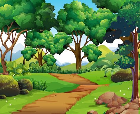 Nature scene with hiking track and trees | Free Vector #Freepik #freevector #nature-scene #forest-background #tree-landscape #forest Trees Images, Jungle Drawing, Jungle Pictures, Jungle Images, Forest Cartoon, Game Background Art, Forest Drawing, Nature Background Images, Vector Nature