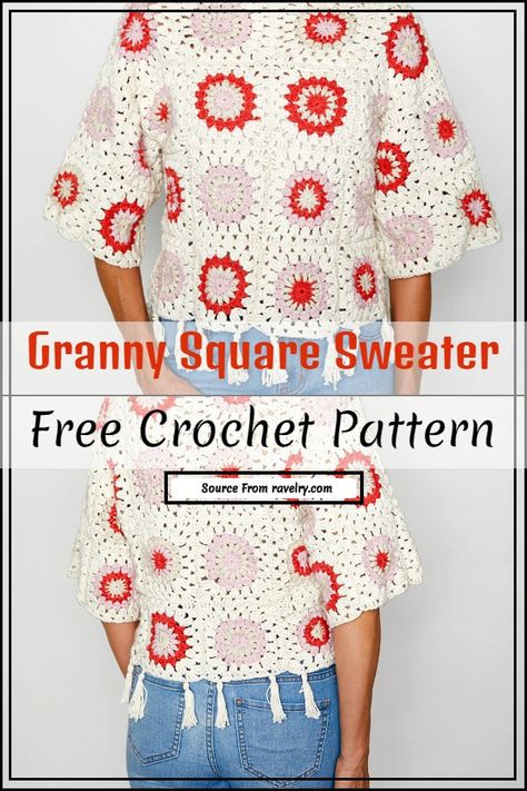 Easy Crochet Granny Square Sweater, Crochet Granny Square Pullover Sweater, Bohemian Winter Sweater With Granny Squares, Casual One-size Granny Square Sweater, Granny Square Sweater Pattern Free Shirts & Tops, Crochet Granny Square Sweater, Square Sweater, Crocheted Scarves, Granny Square Sweater