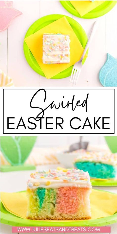 With bright, fun colors this Swirled Easter Cake is so pretty! The best part is it's easy to make because it starts with a boxed cake mix and is topped with an easy homemade frosting. Make this easy cake recipe for Easter or spring. Easter Cake Easy, Yummy Easter Desserts, Cake With Buttercream Frosting, Easter Cake Recipes, Cake Mix Ingredients, Homemade Buttercream Frosting, Cake With Buttercream, Swirl Cake, Easter Desserts