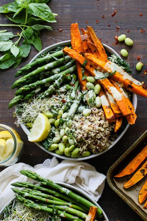 Lemon Basil Buddha Bowls with Lemon Tahini - Flora & Vino Sweet Potato Fries Seasoning, Asparagus Quinoa, Buddha Bowl Sauce, Sweet Potato Quinoa, Tahini Dressing Recipe, Buddha Bowls Recipe, Sweet Potato Fries Baked, Lemon Bowl, Lemon Tahini Dressing