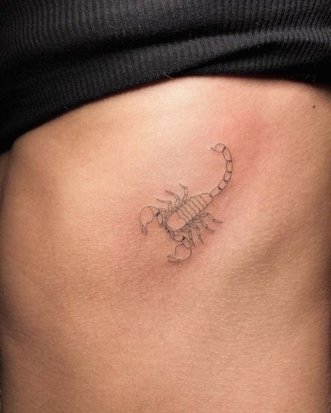 Single needle scorpion tattoo on the left ribcage. Ribcage Tattoo, Scorpio Tattoo, Explore Tattoo, Scorpion Tattoo, Toenail Polish, Tattoos Gallery, Toe Nail Art, Little Tattoos, Orange Nails