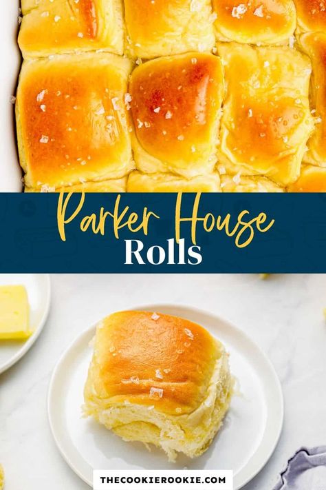 These gorgeous and delicious Parker House Rolls are total showstoppers! Light, fluffy with a sprinkle of flaky salt, serve with my easy homemade honey butter for an awesome side or appetizer. Easy Honey Butter, Parker House Rolls Recipe, Homemade Honey Butter, Buttery Rolls, Simple Foods, Parker House Rolls, Delicious Sides, The Cookie Rookie, Homemade Rolls