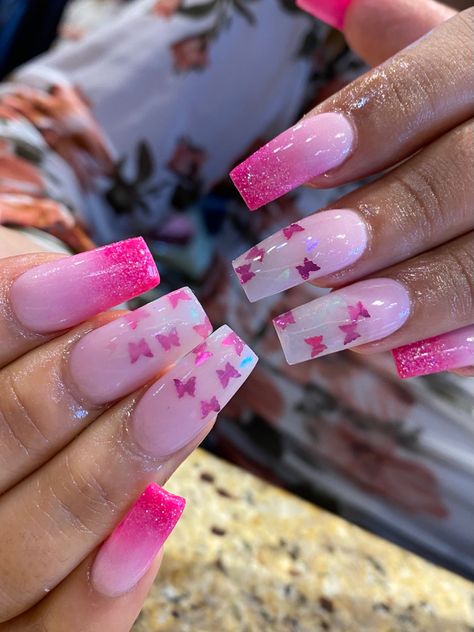 Hot Pink Butterfly Nails, Ombré Butterfly Nails, Butterfly Nails Pink, Butterfly Nails Acrylics, Butterflies Nails Acrylics, Pink Butterfly Nails, Butterfly Nail Design, Prom 2k23, Pink And White Ombre