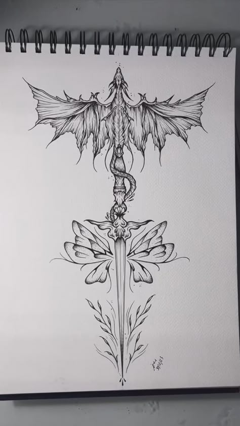 Spine Tattoo Sketch, Dragon And Dagger Tattoo, Nordic Tattoo Women, Book Inspired Tattoos, Bookish Tattoos, Mystical Tattoos, Fantasy Tattoos, Spine Tattoos For Women, Tatuaje A Color