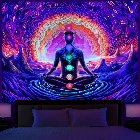 PRICES MAY VARY. Material: This Blacklight Seven Chakra tapestry is made of premium polyester, adopts advanced HD print with it's vivid colors, crisp lines. it is soft, durable and Anti-wrinkle, will be your best choice for home decor. Perfect Size: S- -H51.2"X W59.1" / 130cm*150cm, L- -H59.1"X W78.7" / 150cm*200cm, XL- -H70.8"X W92.5"/ 180cm*135cm. Available in three sizes according to your usage. UV/Black Light Reactive: This Blacklight Seven Chakra Art tapestry glows under blacklight / UV lig Chakra Tapestry, Spiritual Tapestry, Chakra Art, Colorful Mountains, Seven Chakra, Uv Black Light, Art Tapestry, Hd Print, Uv Reactive