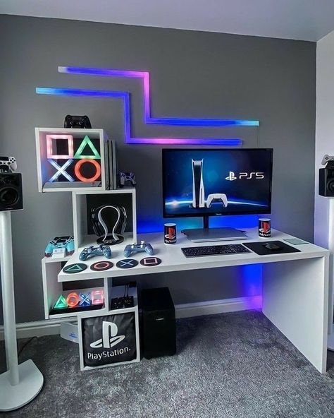 Gaming Desk Designs, Gaming House, Games Room Inspiration, Gaming Setup Ideas, Best Gaming Setup, Game Setup, Desk Gaming, Boys Bedroom Makeover, Setup Gaming