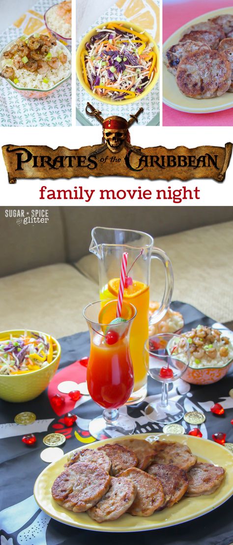 Pirates of the Caribbean family movie night with complete menu (Jamaican tossed… Pirates Of The Caribbean Movie Night Food, Pirates Of The Caribbean Menu Ideas, Pirates Of The Caribbean Dinner And A Movie, Movie Night Dinner Match Ups, Pirates Of The Caribbean Themed Food, Pirates Of The Caribbean Party Food, Pirates Of The Caribbean Movie Night, Dinner And A Movie Ideas, Themed Movie Night Ideas