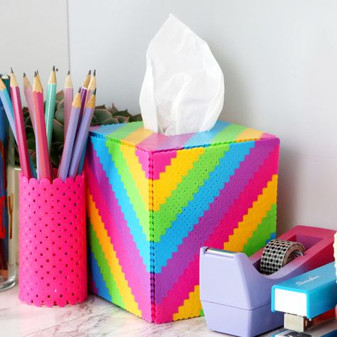 Perler Bead DIYs To Do When You're Bored - Karen Kavett Perler Bead Tissue Box Pattern, Perler Tissue Box Pattern, Perler Bead Kleenex Box Pattern, Perler Bead Tissue Box Cover, Perler Bead Box Pattern, Perler Bead Storage, Bead Crafts For Adults, Perler Bead Crafts, Porta Penne