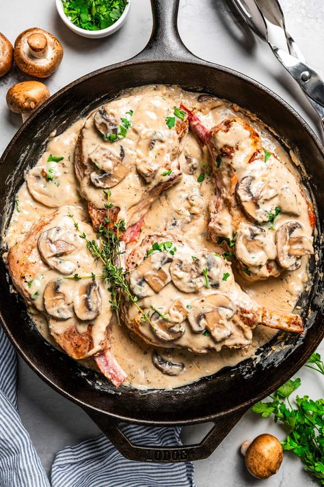 Cream of Mushroom Pork Chops Recipe Cream Of Mushroom Pork Chops, Caramelized Pork, Mushroom Cream Sauce, Pork Loin Roast Recipes, Weekly Menu Plan, Mushroom Pork Chops, Pork Chop Recipes Baked, Juicy Pork Chops, Creamy Mushroom Sauce