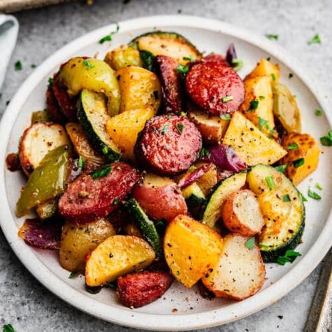 Sheet Pan Sausage and Veggies - The Stay At Home Chef Easy Sausage Dinner, Corned Beef Recipes, Sheet Pan Dinners Recipes, Pasta Sides, One Dish Dinners, Homemade Dinner Rolls, Homemade Dinner, One Pan Meals, Sheet Pan Dinners