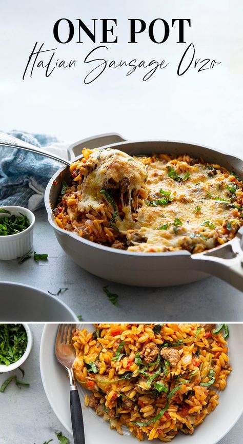 Made entirely in one pot, this Italian sausage orzo is packed full of tender orzo, flavorful sausage bits, and lots of gooey cheese. - on the table in 40 minutes and perfect for a weeknight! One Pot Italian Sausage Orzo, Sausage Orzo Recipes, Italian Sausage Orzo, Hot Italian Sausage Recipes, Ground Italian Sausage Recipes, One Pot Italian, Sausage Orzo, One Pot Orzo, Italian Chicken Sausage