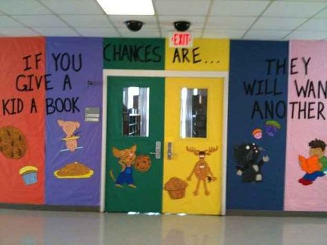 If You Give a Kid a Book ... | 31 Incredible Bulletin Boards For Back To School Library Bulletin Board, Reading Bulletin Boards, Library Themes, Classroom Doors, Preschool Bulletin, Library Bulletin Boards, Library Boards, Kid A, Elementary Library