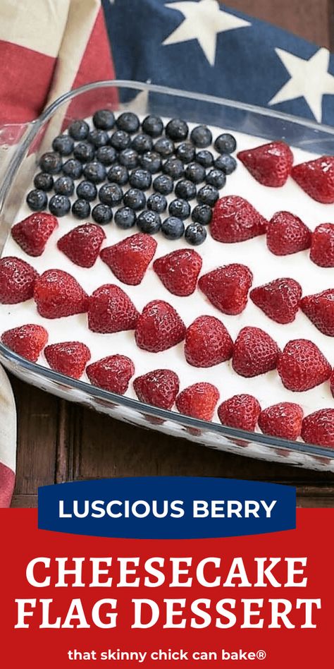 Berry Cheesecake Flag Dessert - Shortbread crust covered with a light whipped cheesecake filling, then decked out like the American flag with luscious, ripe berries! #cheesecake #flagdessert #berryflag #patrioticdessert Whipped Cheesecake, Berries Cheesecake, Flag Desserts, Chicke Recipes, July Desserts, Homemade Snickers, Patriotic Desserts, Cookies Bars, Low Carb Muffins