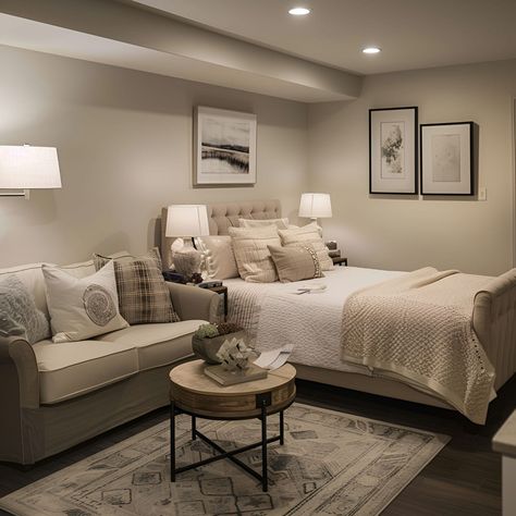 Modern farmhouse basement bedroom blends functionality and style with a cozy arrangement. Featuring a bed and sofa set against a neutral palette of beige, white, and grey, the room includes an accent wall, soft ambient lighting, and thoughtful decor like framed art and a large mirror. Perfectly suited for a low-ceiling space, it includes a small coffee table, comfortable seating, and decorative pillows for a welcoming atmosphere. Cozy Chic Guest Bedroom, Finished Basement Studio Apartment, Guest Room Basement Ideas, Basement Spare Bedroom, Bed And Couch In One Room Layout, Basement Master Suite Ideas Bedrooms, Basement Office Bedroom, Basement Small Bedroom Ideas, Student Bedroom Layout