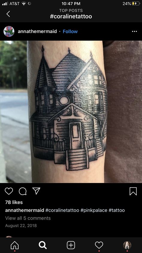 Coraline House Tattoo, Pink Palace Tattoo, Palace Tattoo, Pink Palace Coraline, Aesthetic Tats, Coraline House, Coraline Tattoo, House Tattoo, Tattoo Filler