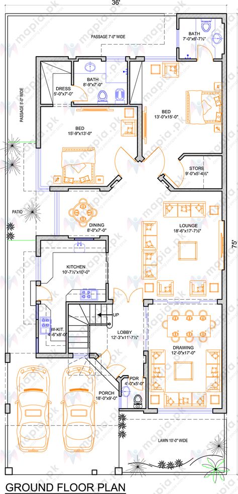 12 Marla House Floor Plan | Mapia 35x70 House Plans Pakistan, 1200sq Ft House Plans, Sectional Elevation, 10 Marla House Plan, 30x50 House Plans, Bathroom Layout Plans, Floor Plan With Dimensions, House Structure, Budget House Plans