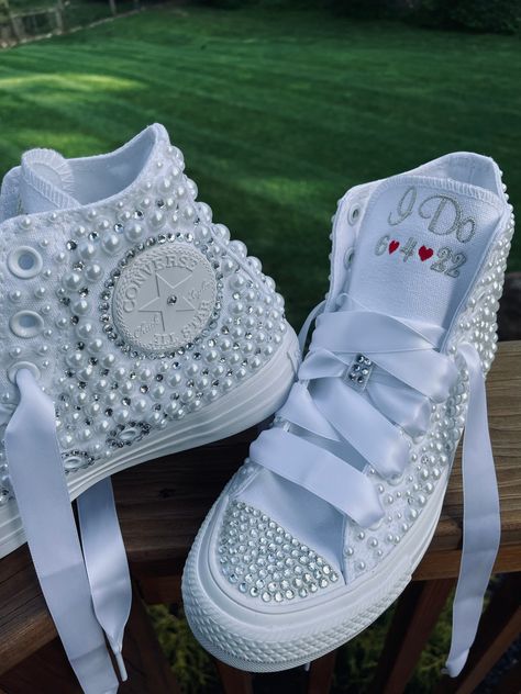 PEARL ENCRUSTED Hi Top , Bride Shoes, Wedding Embroidered Wedding shoes, wedding sneakers, Decorated ShoesConverse by EmbroideryByDarlene on Etsy