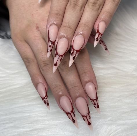 French Drip Nails, French Tip Drip Nails, Dripping French Tip Nails, Knife Nails Halloween, Drip Heart Nails, Spooky French Nails, Nails With Blood Design, Blood Drip French Tip Nails, Spooky Halloween Nails Stiletto