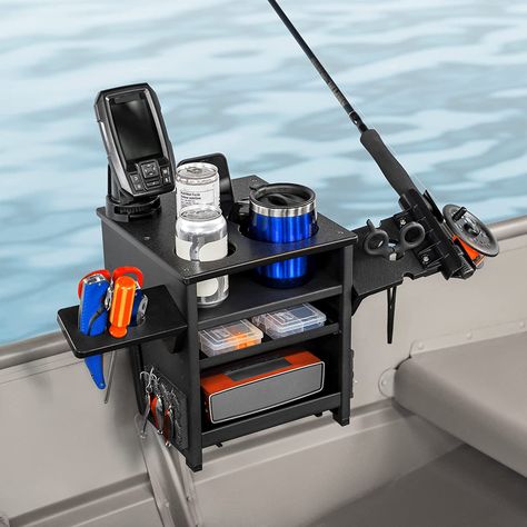 FITS GUNNELS AND RAILINGS MAXIMUM 2.5" THICK – The levelling shelf allows the unit to fit virtually any style of gunnel: jon boats, cartoppers and everything in between, as long as the width of the gunnel is 2.5” or less. Many people also take their Boat Totes with them on side-by-side rides or even in their vehicles as a handy place to keep your personal effects organized. Kayak Fishing Rod Holder, Jon Boat Fishing, Boat Organization, Fishing Boat Accessories, Jon Boats, Boat Rod Holders, John Boats, Best Fishing Rods, Canoe Boat