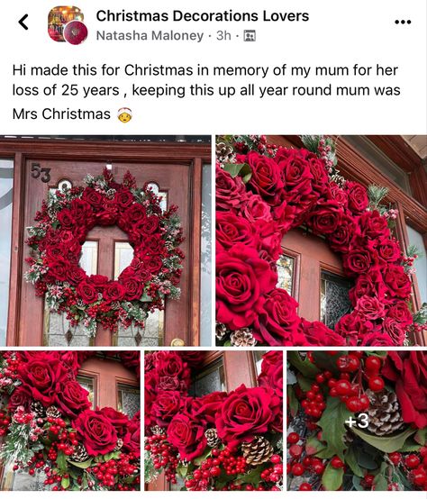 Wreath Flocked, Rosé Christmas, Red Berries, Red Rose, Christmas Wreath, Pine Cones, Red Roses, Christmas Wreaths, Wreath