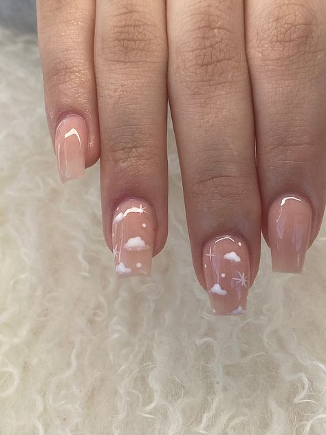 Short Nail Designs Clouds, Cloud Acrylic Nails Coffin, Gel X Nail Designs Short Square, Nude Nails Coffin Short, Square Cloud Nails, Biab Gel Nails Designs Short, Coffin Square Nails Short, Short Nails Squoval Simple, Cloud Short Nails