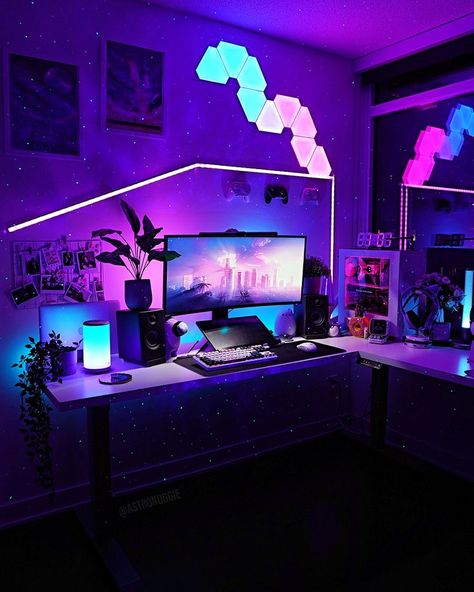 Ultimate girly gaming room with purple, pink and blue lights, nanoleafs, an ultrawide Alienware monitor, and a galaxy star projector. Rgb Room, Neon Pink Aesthetic, Gaming Setup Bedroom, Bedroom Gamer, Galaxy Star Projector, Galaxy Room, Gaming Bedroom, Gamer Bedroom, Fairytale Decor