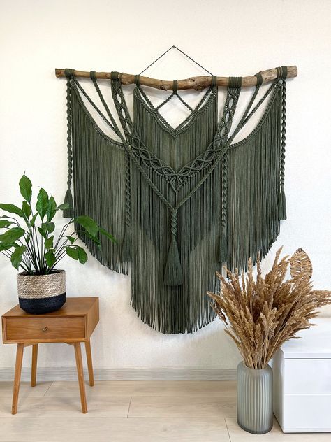 Extra large khaki macrame wall hanging with tassels, big macrame, boho wall decor, macrame decor, macrame headboard, macrame backdrop Macrame Wall Hanging For Bedroom, Giant Macrame Wall Hanging, Diy Large Macrame Wall Hanging Tutorial, Big Wall Decor Ideas Bedroom, Macrame Patterns Tutorials Wall Hangings, Unique Macrame Ideas, Big Macrame Wall Hanging, Macrame Wall Hanging Pattern Free, Bedroom Macrame Wall Hanging