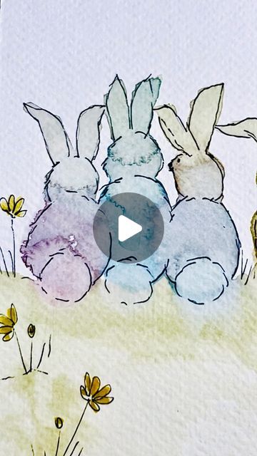 Create With Me 101 on Instagram: "Hoppy Saturday 😝 🐰    Using light pink, blue and yellow, create blobs of different sizes --kinda touching each other.  For the ears, push color from the heads of the bunnies to form the ears.  Once completely dry, use a micro marker to outline.  I didn't wash off my brush between changing colors, just so they can all blend together...  #watercolor #easter #easterwatercolor #watercolor flowers #watercolorflorals #aquarelle #artistsoninstagram #artoninstagram #wildflowers #flowers #artoftheday #loosewatercolors #watercolorbeginner #illustration  #watercolourpainting  #botanical #botanicalart #botanicalillustration #watercolourpainting #watercolorflower #artsy  #artoftheday #drawinglessons #watercolortutorial #drawingleaves #drawing #drawingtutorials #howto Bunny Watercolor, Watercolor Beginner, Watercolour Tutorials, Drawing Lessons, Blue And Yellow, Botanical Illustration, Botanical Art, Watercolour Painting, Art Day