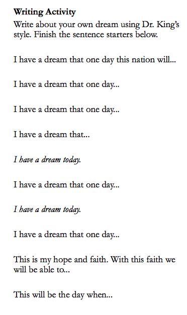 I have a dream writing activity. Finish the sentences below. Dream Writing, I Have A Dream Speech, Martin Luther King Jr Day, Writing Template, Sentence Starters, Classroom Freebies, King Fashion, Writing About Yourself, Beginning Of The School Year