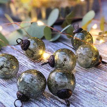 Green Aged Baubles Set Of Six By Marquis & Dawe | notonthehighstreet.com Sage Green Christmas Decorations, Olive Green Christmas Decor, Green Christmas Decor, Christmas Decs, Green Xmas, Silver Christmas Decorations, Neutral Christmas, Wine Party, Christmas Interiors