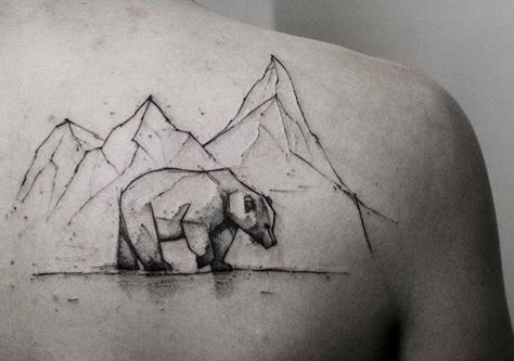 Bear and mountains tattoo Geometric Bear Tattoo, Geometric Heart Tattoo, Tattoo Bear, Polar Bear Tattoo, Mountains Tattoo, Bear Tattoo Designs, Mother Nature Tattoos, Geometric Bear, Bear Tattoos