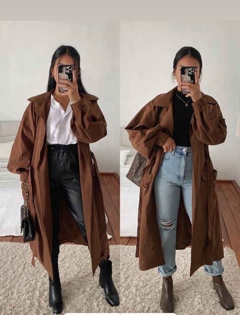 Long Brown Peacoat Outfit, Brown Oversized Button Up Shirt Outfit, Dark Brown Jacket Outfit Woman, Dark Brown Trench Coat Outfit, Professional Women Outfits, Uk Winter Outfits, Casual Coat Outfit, Brown Fall Outfits, Brown Trench Coat Outfit