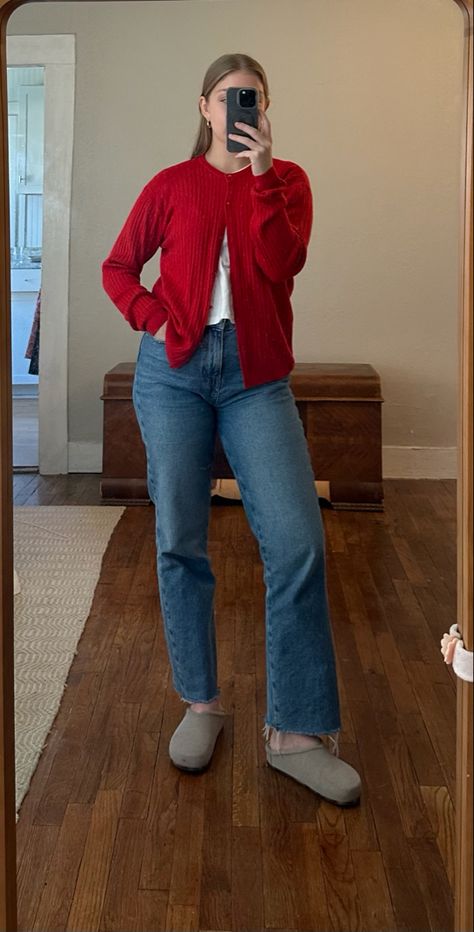 #redcardigan #cardigan #sweater #halfuphalfdown #jeans #denim Outfit With Red Cardigan, Red Cardigan Outfit Aesthetic, Red Cardigan Outfit, Red Shirt Outfits, Crop Cardigan Outfit, Cardigan Outfit Aesthetic, Red Cropped Cardigan, Red Top Outfit, Sampul Notebook