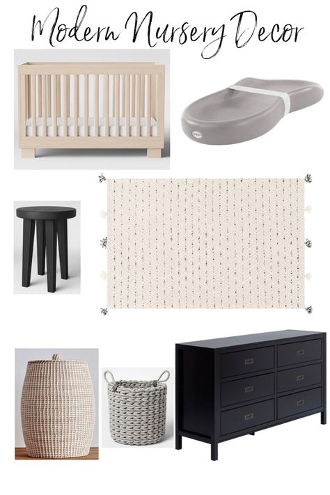 Black White And Wood Nursery, Black Dresser Nursery Girl, Black Dresser With White Crib, Black And White Neutral Nursery, Black Dresser In Nursery, Nursery With Black Dresser, Black Crib White Dresser Nursery, Black Nursery Dresser, Neutral And Black Nursery