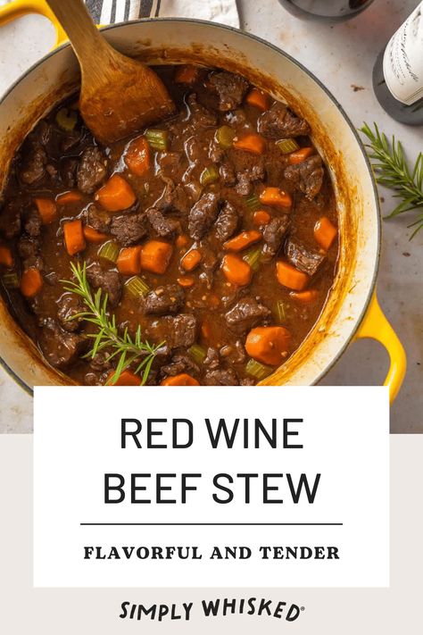 This easy, red wine beef stew is tender and delicious! It's filled with veggies and seasoned with rosemary and thyme - creating a hearty comfort food. Serve it over dairy free mashed potatoes or with drop biscuits complete meal! Wine Beef Stew, Red Wine Beef Stew, Slow Cook Beef Stew, Red Wine Beef, Dairy Free Mashed Potatoes, Beef Stew Ingredients, Venison Chili, Rosemary And Thyme, Hearty Comfort Food