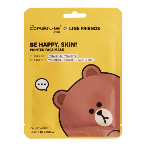 Hydrate and brighten skin with this vitamin C and E-infused sheet mask from Korean beauty experts The CrÃ¨me Shop. Place the adorable Line Friends bear mask on clean skin then lie back and relax while the collagen-supporting, antioxidant-rich ingredients get to work. Material: Plastic, Also could be used for beauty products,self care,spa,face mask,skincare,gift. By Cost Plus World Market.610205 Creme Shop Face Mask, Yellow Beauty Products, Facial Mask Packaging, Korean Face Mask Aesthetic, Spa Face Mask, Skincare Masks, Korean Mask, Mask For Face, Face Mask Skin Care