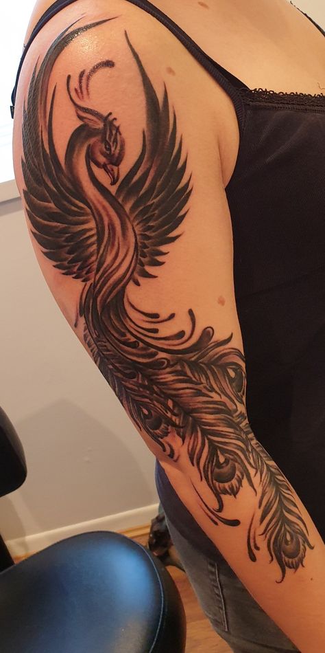 Phoenix Tattoo On Arm For Women, Pheonix Tattoo For Women Arm Sleeve, Tattoos Of Phoenix Bird, Phoenix Bird Tattoos Woman Back, Phönix Tattoo Design Women, Pheonix Sleeve Tattoos For Women, Phoenix Bird Tattoos Woman Arm, Phoenix Tattoo Design Feminine Arm, Phoenix Arm Sleeve Tattoo