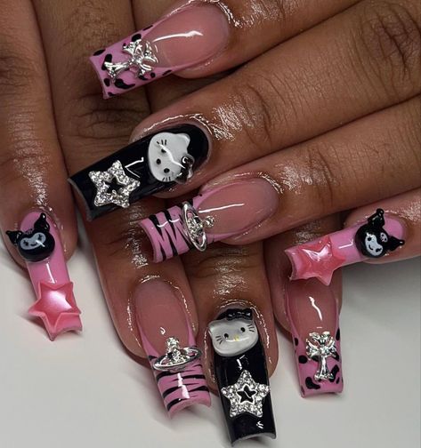 Hot Pink Hello Kitty Nails, Y2k Hello Kitty Nails, Hot Pink And Black Nails Acrylics, Nails Zebra Print, Nails Hello Kitty, Pink Black Nails, Zebra Print Nails, Quinceanera Nails, Y2k Hello Kitty