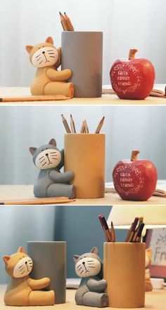 Cat Bamboo Pen & Pencil Holder Desk Organizer Diy Pencil Holder Aesthetic, Polymer Clay Pencil Holder, Polymer Clay Pen Holder, Clay Pen Holder, Clay Pencil Holder, Diy Stationery Holder, Pencil Holder Craft, Pencil Holder Diy, Cute Pencil Holder