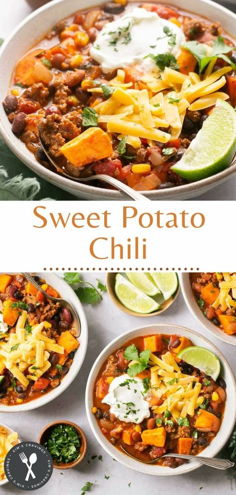 Sweet Potato Chili Crockpot, Sweet Potato Chili Recipe, Winning Chili Recipes, Crock Pot Sweet Potatoes, Ground Beef Stews, Sweet Potato Dinner, Ground Beef Chili, Potato Chili, Easy Sweet Potato