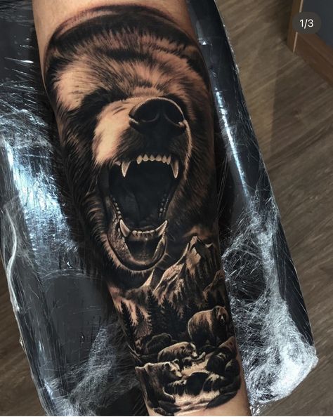 Bear Tattoos For Men Arm, Bear Calf Tattoo, Bear Forearm Tattoo, Bear Tattoos For Men, Cool Animal Tattoos, Beer Tattoo, Grizzly Bear Tattoos, Fly Fishing Tattoo, Animal Tattoos For Men